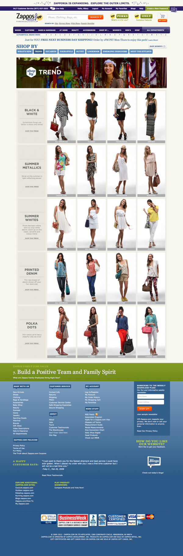 Trend Page in Zappos VIP site