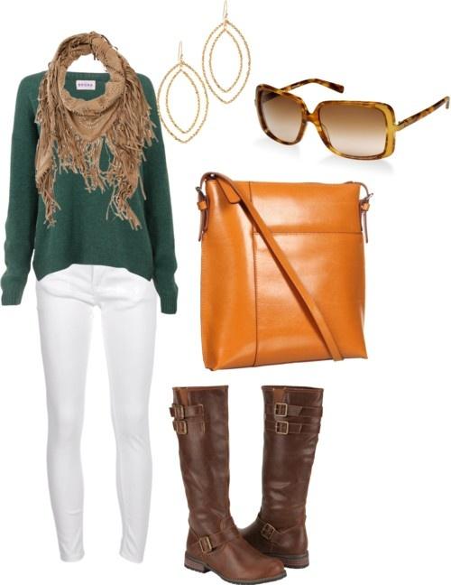 2 White skinny jeans with knee high boots, green sweater and camel ...