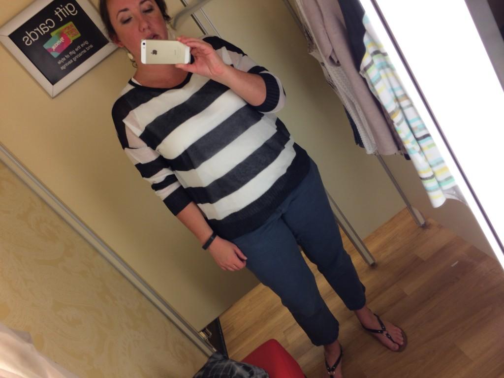 Navy and white striped linen blend Ellen Tracy sweater with 3/4 length sleeves. Great for layering over tanks.