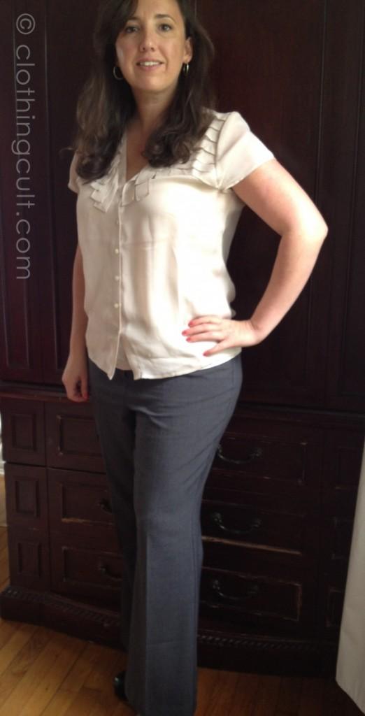 Dusty rose silk Talbots top, Chico's gray slack, business outfit