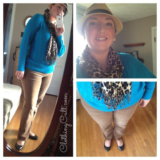 OOTD - turquoise cable-knit sweater, leopard scarf and camel corduroy - ClothingCult.com