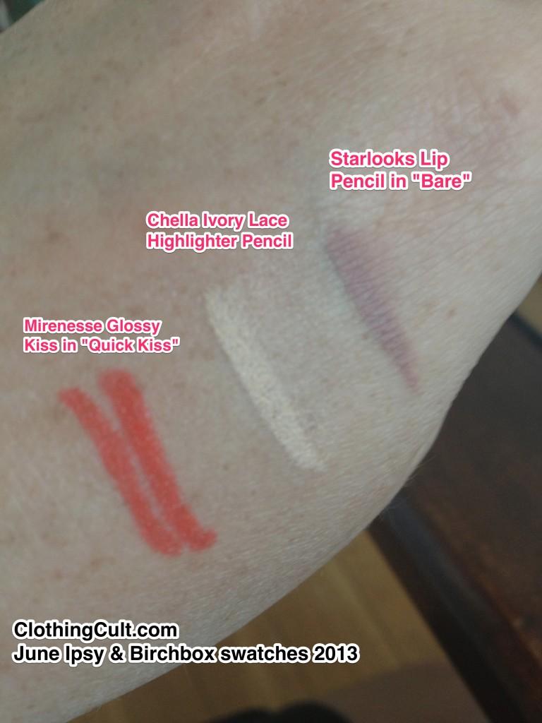 Swatch Mirenesse Glossy Kiss in Quick Kiss Chella Ivory Lace Highlighter Pencil Starlooks Lip Pencil in Bare
