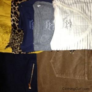 kohls haul sneak peek: mustard yellow scarf, leopard scarf, basic long sleeve shirts in navy, gray heather and striped as well as skinny jeans and corduroys!