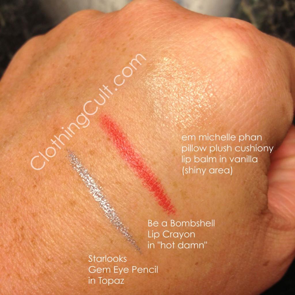 swatches for Be a Bombshell Lip Crayon in hot damn em michelle phan - pillow plush cushiony lip balm in vanilla Starlooks Gem Eye Pencil in Topaz - ClothingCult.com